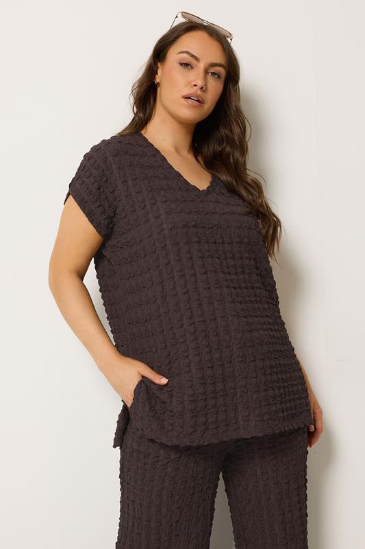 YOURS Plus Size Set Chocolate Brown Set Bubble Textured Top & Trousers | Yours Clothing 1