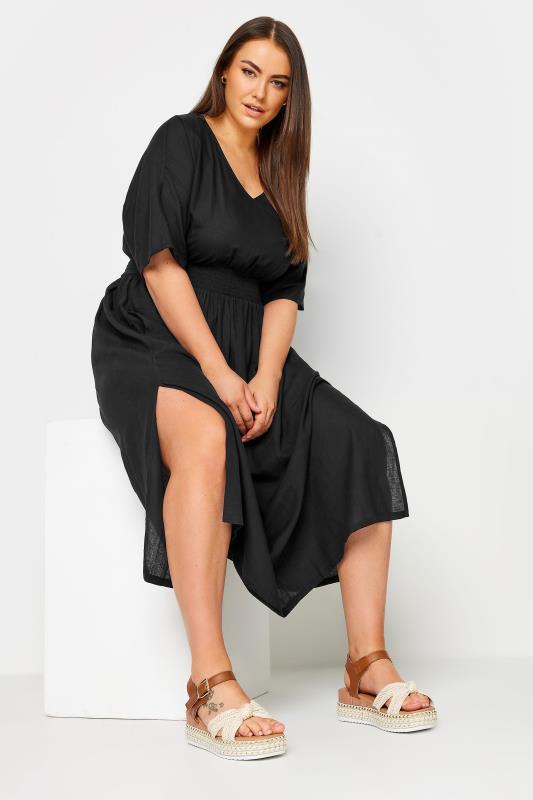 LIMITED COLLECTION Plus Size Black Linen Shirred Midaxi Dress | Yours Clothing 2