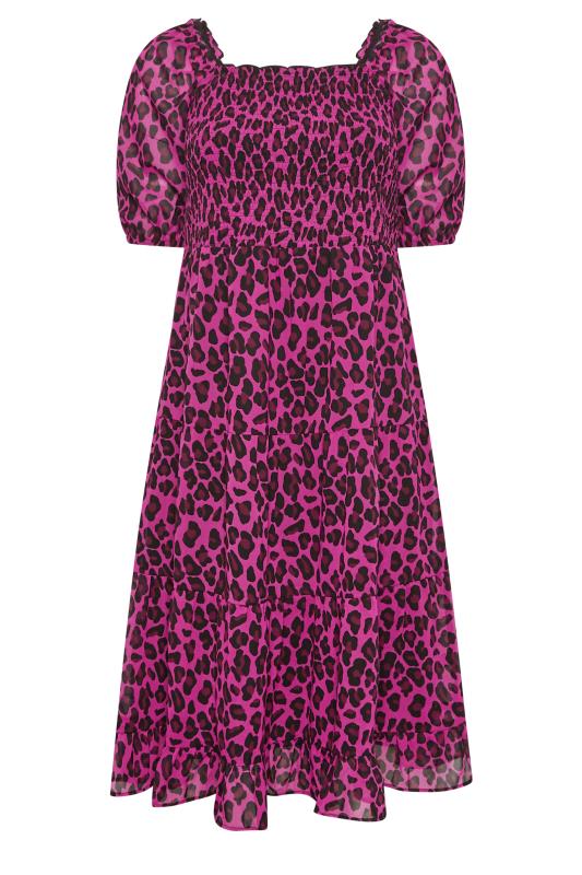 YOURS Curve Plus Size Hot Pink Leopard Print Midi Shirred Dress | Yours Clothing  6