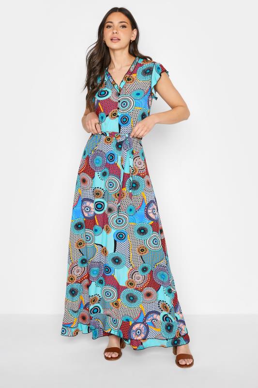 LTS Tall Blue Mixed Print Frill Sleeve Maxi Dress 1