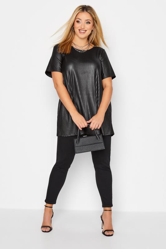 Plus Size Black Leather Look Ribbed Swing T-Shirt | Yours Clothing 2