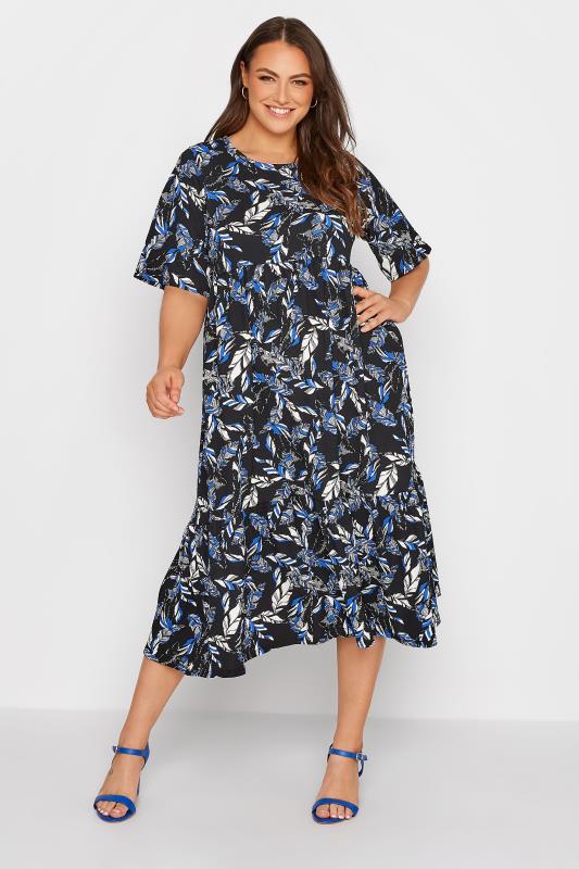 Plus Size Black Floral Print Tiered Midi Dress | Yours Clothing  1