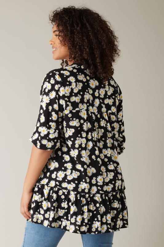 EVANS Plus Size Black Daisy Print Frill Hem Tunic Top | Evans 3