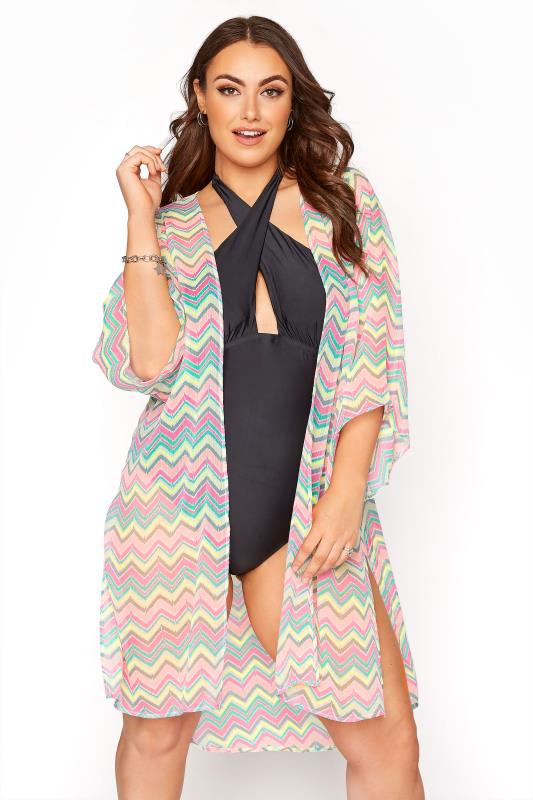 Plus Size  Curve Neon Pink & Green Zig Zag Print Beach Kimono