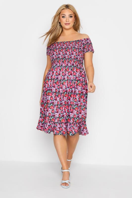 Plus Size Pink Floral Shirred Bardot Midaxi Dress | Yours Clothing 3