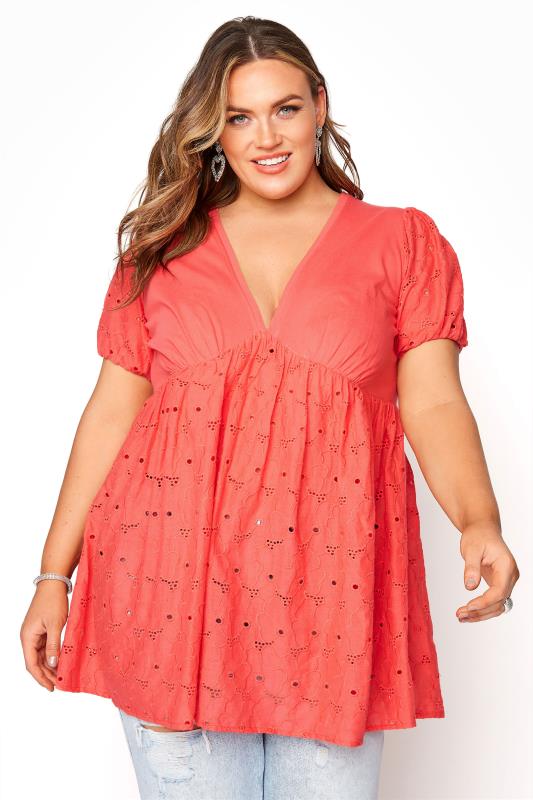 Plus Size  LIMITED COLLECTION Coral Anglaise Peplum Top