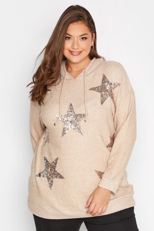 Plus Size Beige Brown Marl Sequin Star Print Brushed Hoodie | Yours Clothing 1
