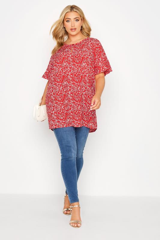 Curve Red Floral Print Frill Sleeve Keyhole Top 2