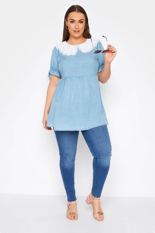 LIMITED COLLECTION Curve Blue Chambray Peplum Collar Top_B.jpg