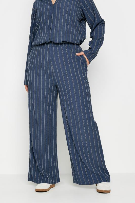 YOURS Plus Size Navy Blue Textured Pinstripe Wide Leg Trousers | Yours Clothing 1