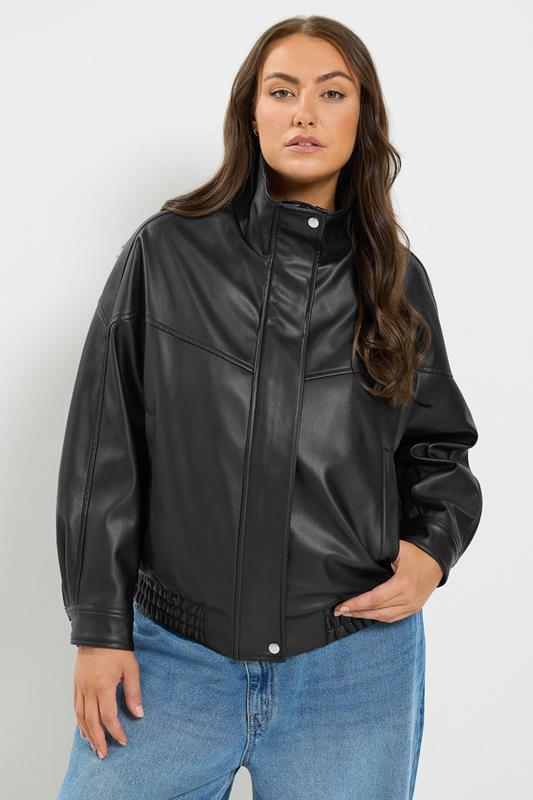 YOURS Curve Black Faux Leather Funnel Neck Jacket