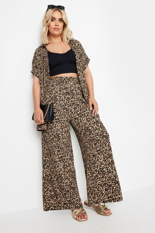 YOURS Plus Size Brown Leopard Print Crinkle Trousers | Yours Clothing 1