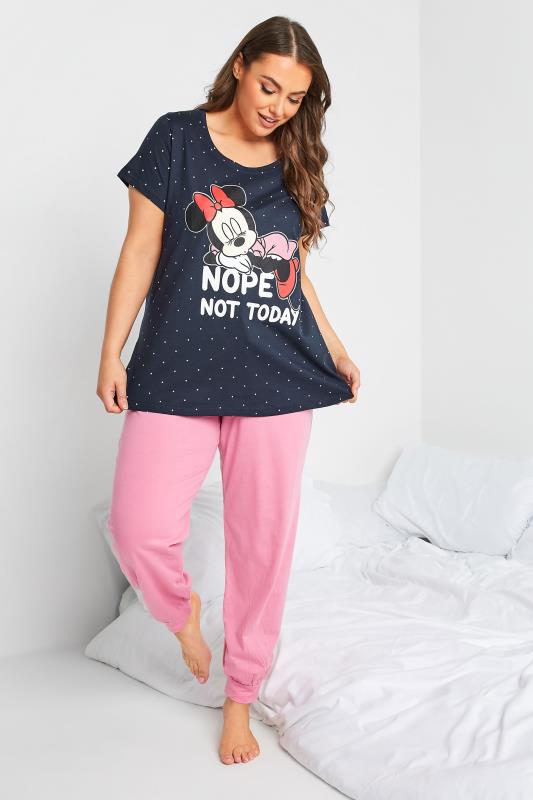 DISNEY Plus Size Navy Blue 'Nope Not Today' Minnie Slogan Pyjama Set | Yours Clothing 2