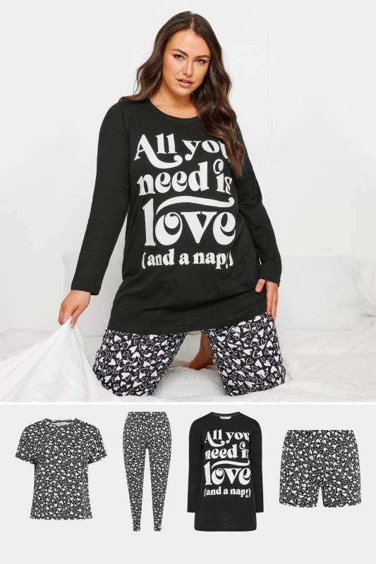 Plus Size  YOURS 4 PACK Curve Black 'All You Need Is Love' Pyjama Set