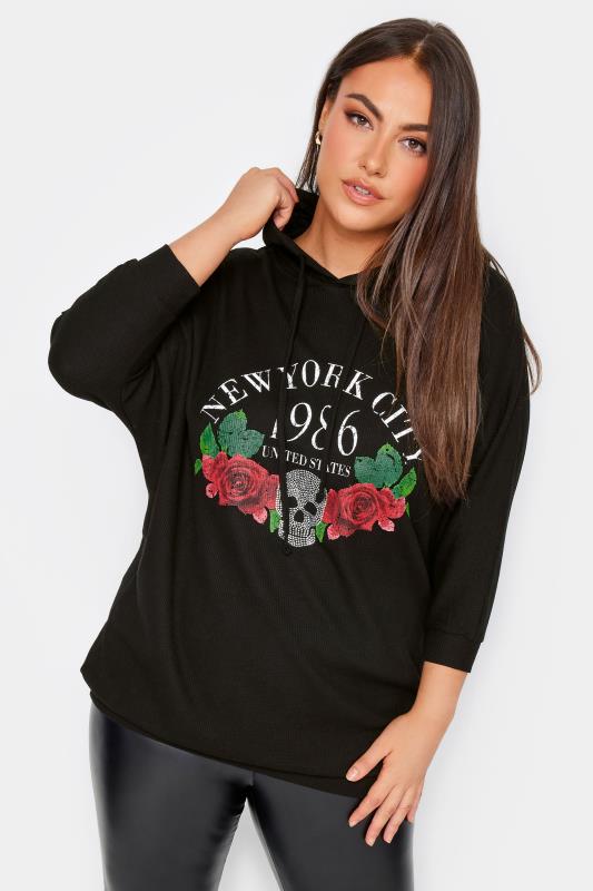 YOURS Curve Black 'New York City' Slogan Embellished Skull Hoodie | Yours Clothing 1