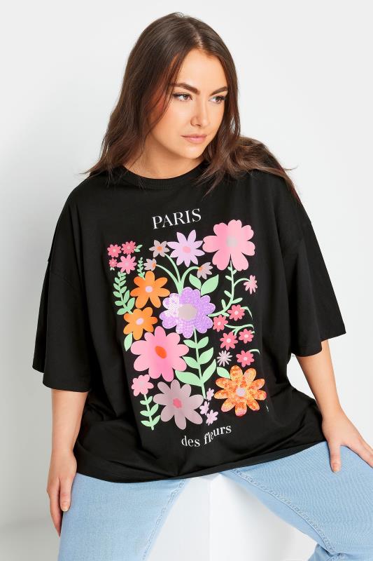  Grande Taille YOURS Curve Black Floral Print 'Paris' Slogan Oversized T-Shirt
