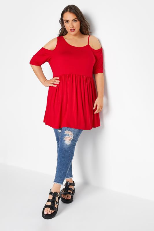 LIMITED COLLECTION Curve Red Asymmetric Cold Shoulder Smock Top_B.jpg