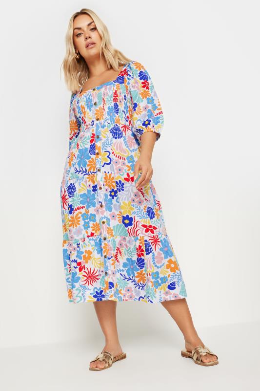 YOURS Plus Size White Floral Print Button Front Tiered Midi Dress | Yours Clothing 2
