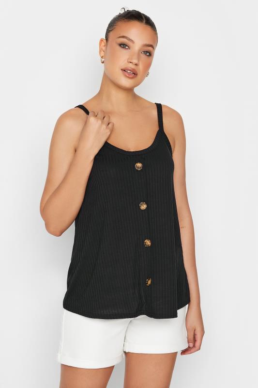 LTS Tall Black Ribbed Button Cami Vest Top | Long Tall Sally 1