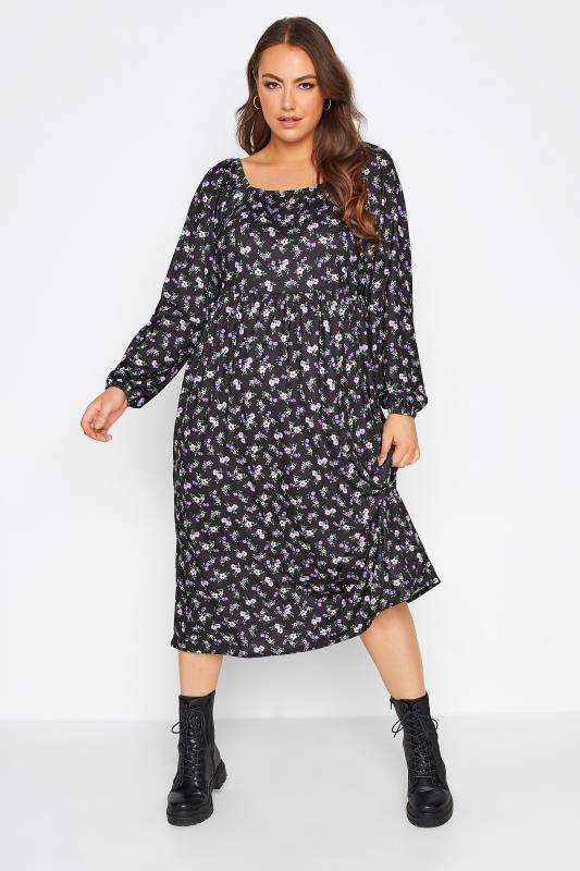 LIMITED COLLECTION Plus Size Black & Purple Ditsy Print Smock Dress | Yours Clothing  2