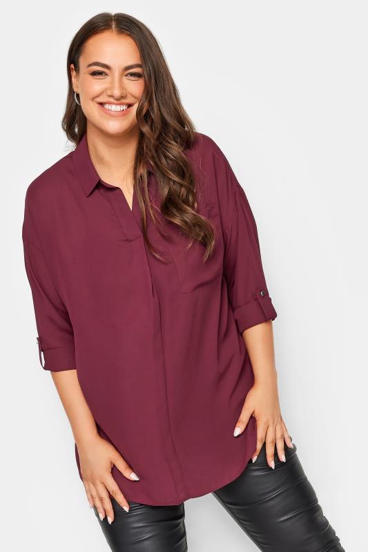 YOURS Plus Size Wine Red Half Placket Collared Blouse | Yours Clothing 1