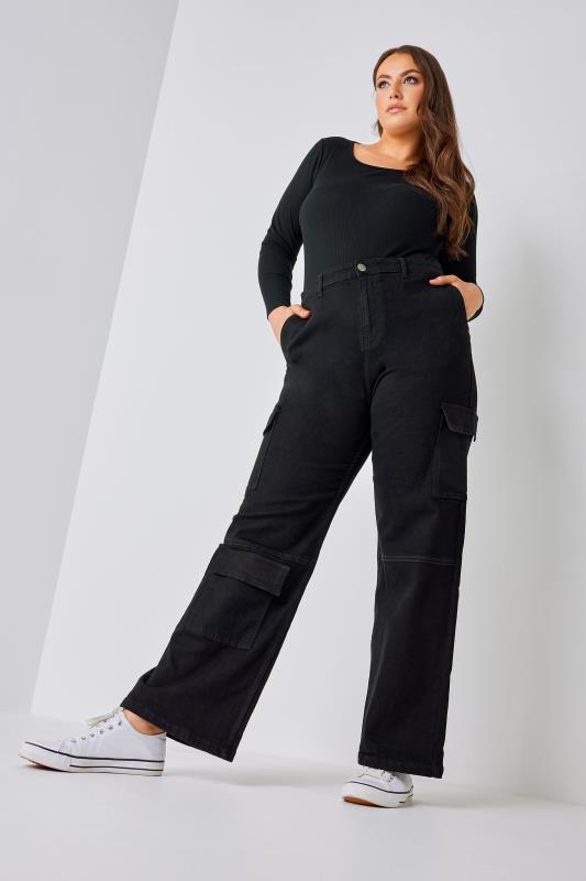 YOURS Curve Plus Size Black Wide Leg Pocket Cargo Trousers | Yours Clothing  1