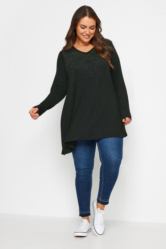 YOURS Plus Size Black Stud Embellished Long Sleeve Top | Yours Clothing 2