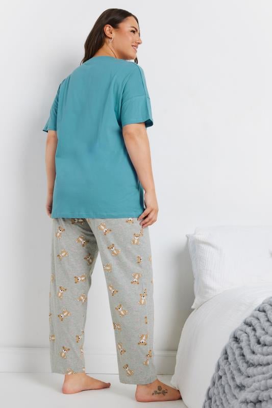 YOURS Plus Size Blue 'Bear Hugs' Wide Leg Pyjama Set | Yours Clothing 3