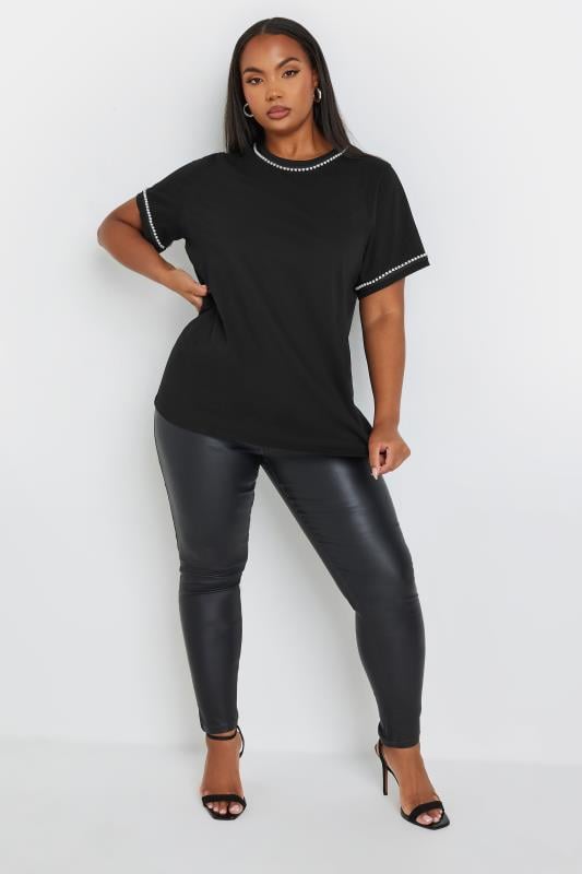 YOURS Plus Size Black Pearl Trim T-Shirt | Yours Clothing 2