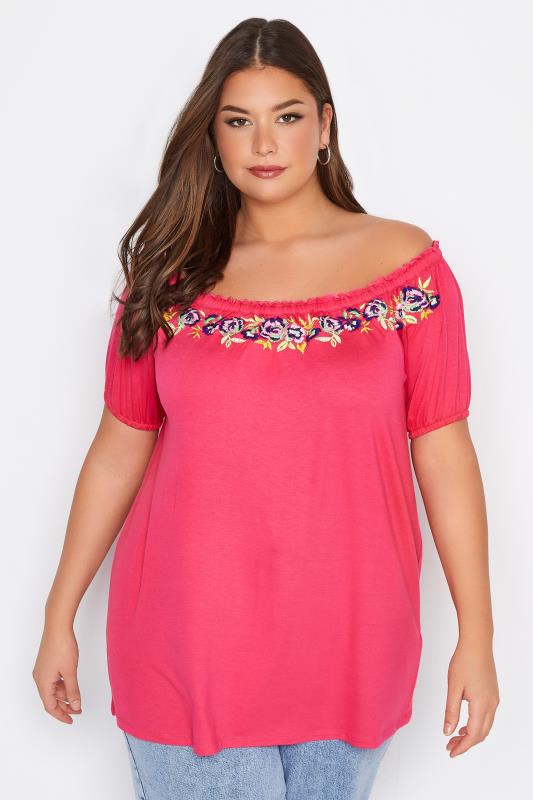 Plus Size Pink Embroidered Floral Print Bardot Top | Yours Clothing  1