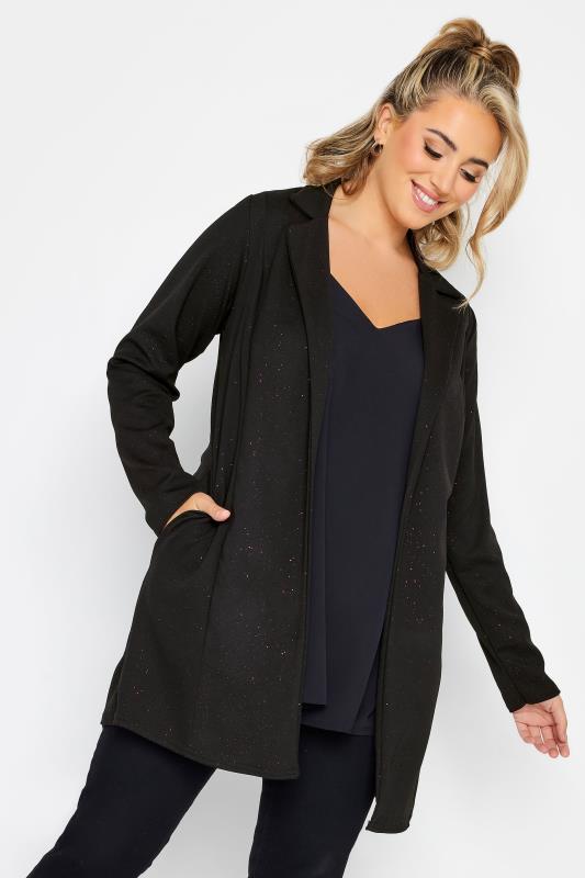 YOURS Curve Plus Size Black & Pink Glitter Longline Blazer | Yours Clothing 1
