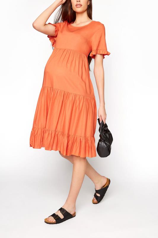 LTS Tall Orange Maternity Tiered Smock Dress_B.jpg