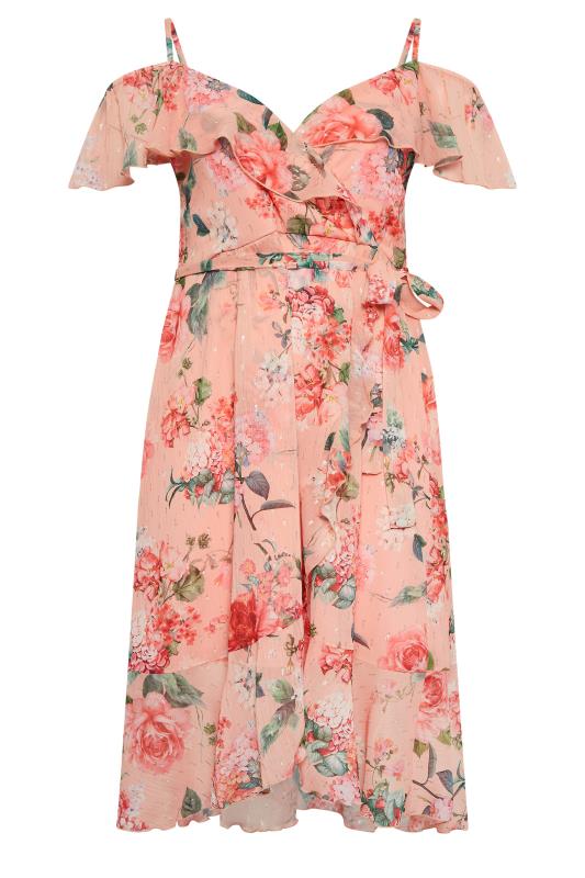 YOURS LONDON Curve Plus Size Pink Cold Shoulder Floral Wrap Dress | Yours Clothing  6