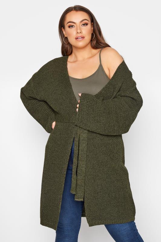 Curve Khaki Green Wide Sleeve Belted Cardigan 1