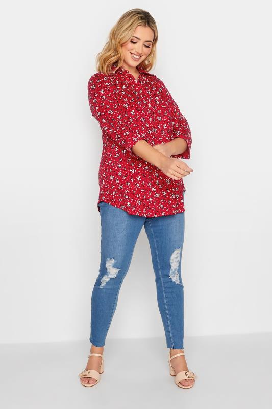 Curve Red Floral Half Placket Shirt | Yours Clothing 2
