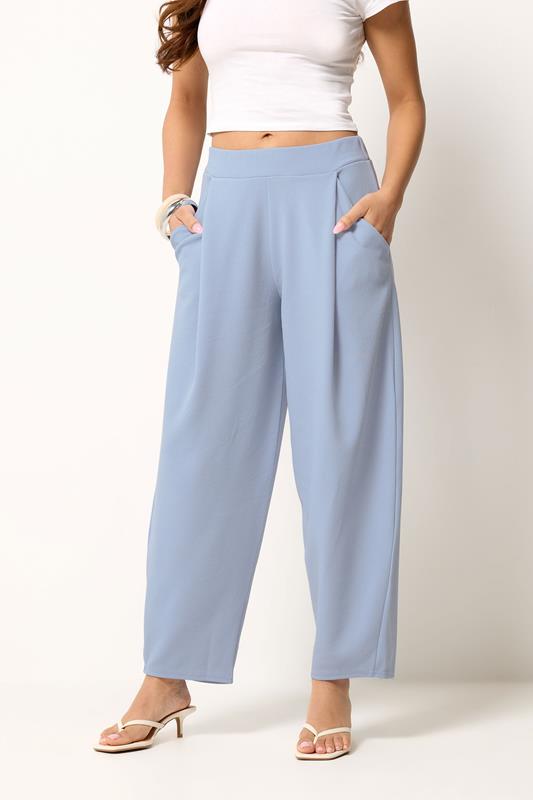 PixieGirl Petite Women's Blue Crinkle Barrel Leg Trousers | PixieGirl 1