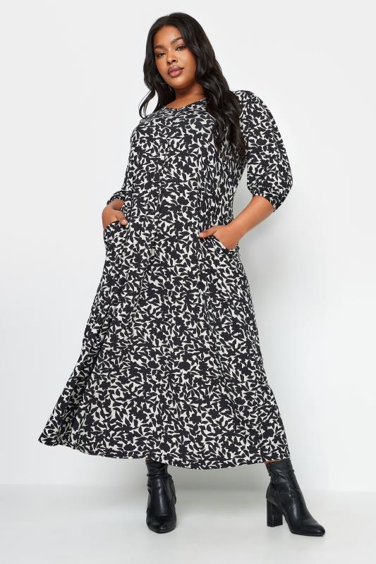 YOURS Plus Size Black & White Floral Print Swing Maxi Dress | Yours Clothing 1