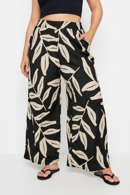 YOURS Plus Size Black Leaf Print Crinkle Trousers | Yours Clothing 2