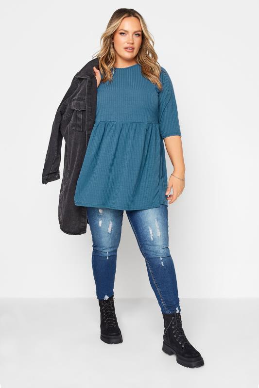 LIMITED COLLECTION Curve Blue Ribbed Smock Top 2