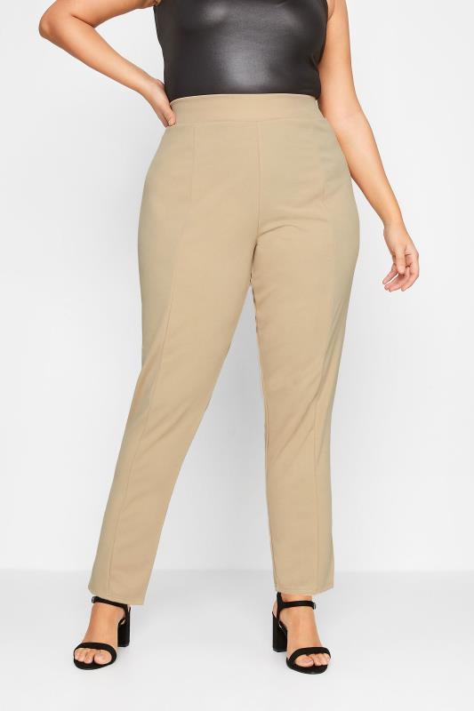 Plus Size  Curve Natural Brown Stretch Tapered Trousers - Petite