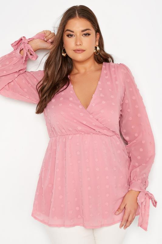 YOURS LONDON Plus Size Pink Spot Wrap Top | Yours Clothing 1