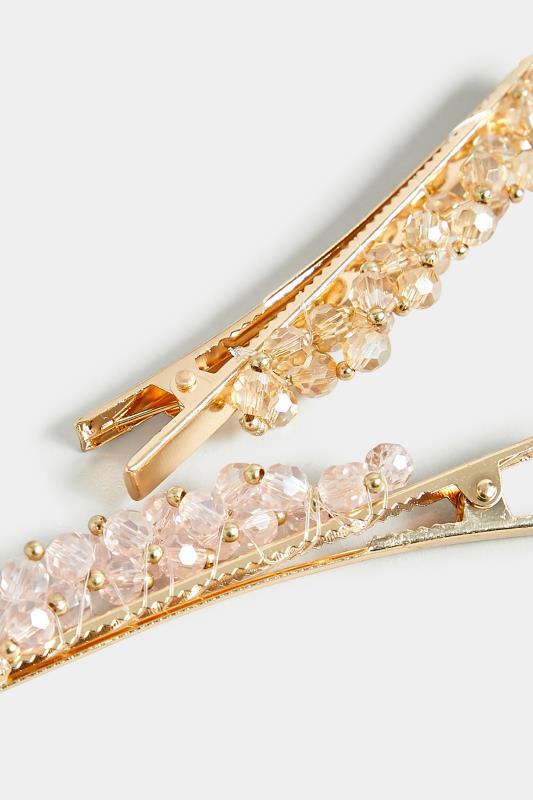 2 PACK Gold & Pink Diamante Bead Hair Clips 4