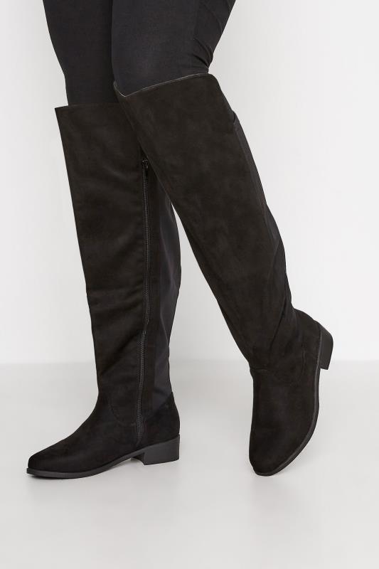  Black Faux Suede Stretch Over The Knee Boots In Wide E Fit & Extra Wide EEE Fit