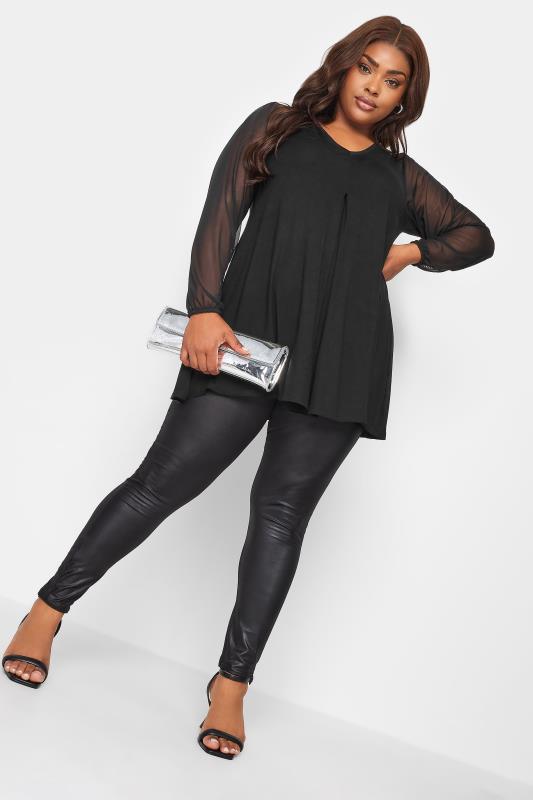 YOURS Plus Size Black Mesh Sleeve Pleated Swing Top | Yours Clothing 2
