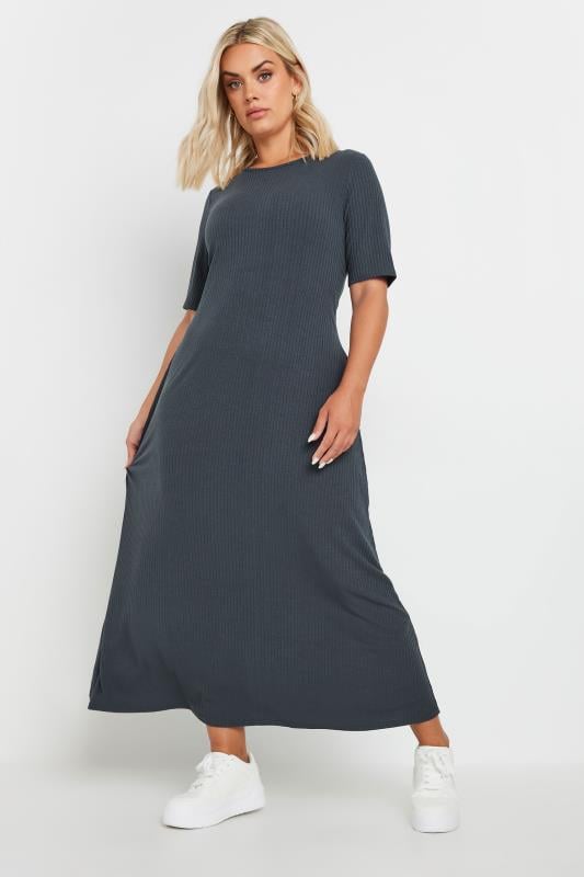 YOURS Plus Size Charcoal Grey Ribbed Maxi Dress | Yours Clothing  3