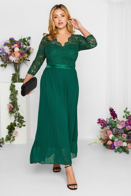 Plus Size  YOURS LONDON Curve Forest Green Lace Pleated Maxi Dress