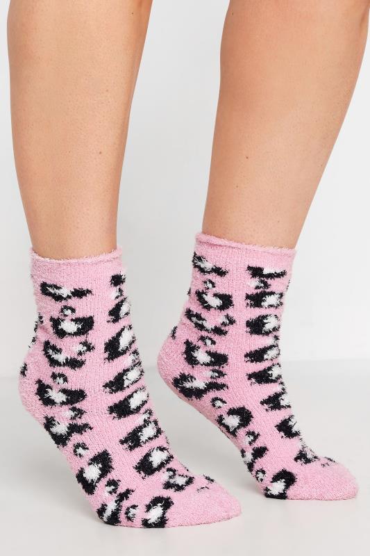2 PACK Pink & White Animal Print Fluffy Ankle Socks | Yours Clothing
