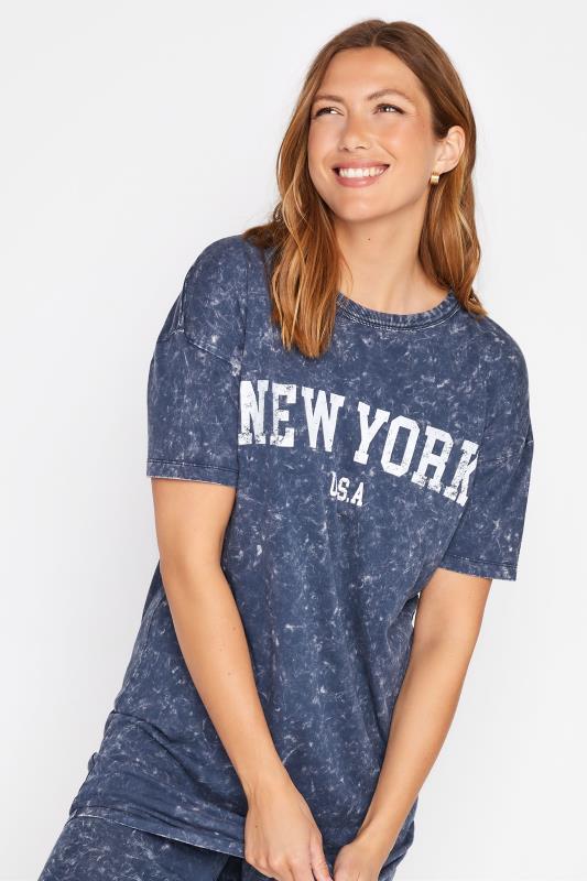 LTS Tall Navy Blue Acid Wash 'New York' Slogan Oversized T-Shirt_DR.jpg