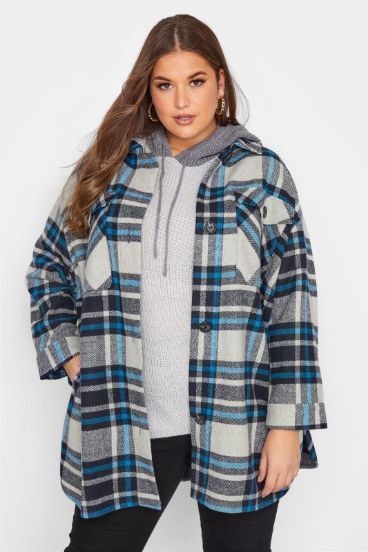 Plus Size  Grey & Blue Check Soft Touch Shacket