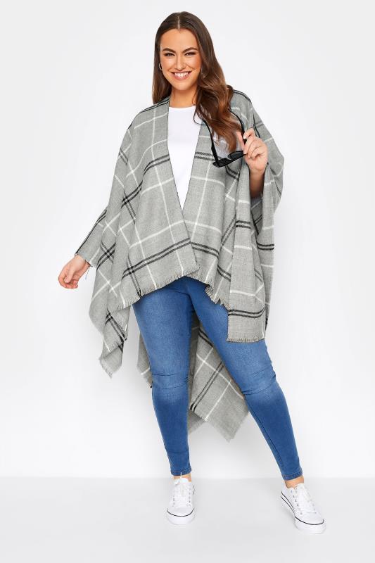 Plus Size Curve Grey Check Knitted Wrap Shawl | Yours Clothing 2